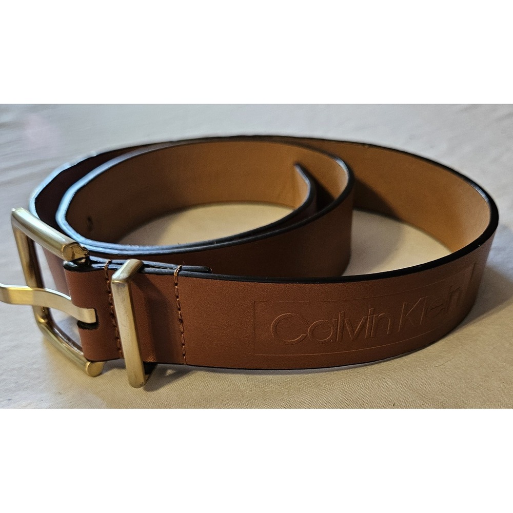 Calvin Klein Brown Belt Gold Tone Buckle Embossed Logo 39" Leather Look Women's